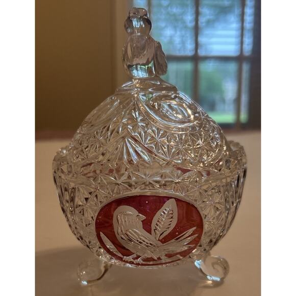 Vintage Hofbauer 4” Crystal Red Byrdes Bird Covered‎ Sawtooth Candy Dish Footed - Picture 1 of 9